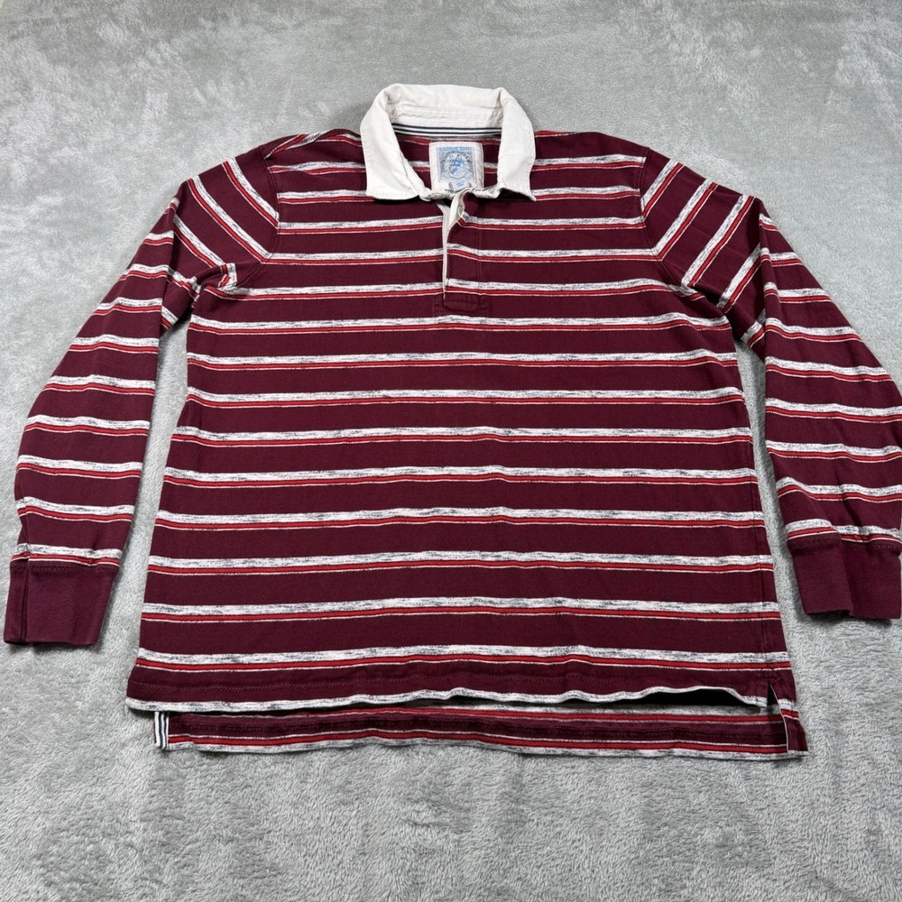 Vintage Lands End Rugby Shirt Mens Large Maroon Striped Long Sleeve Authentic 90